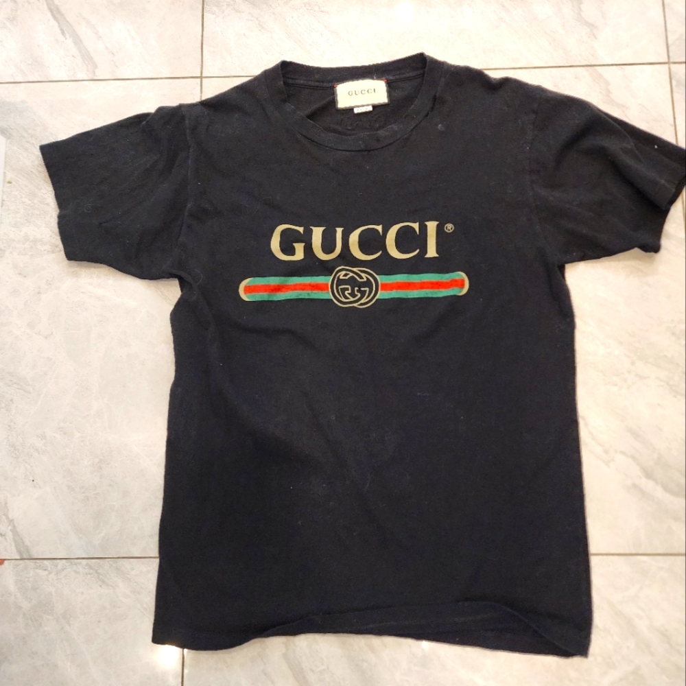 Gucci Black Short Sleeve Logo Tee with Gold, Red & Green Stripe